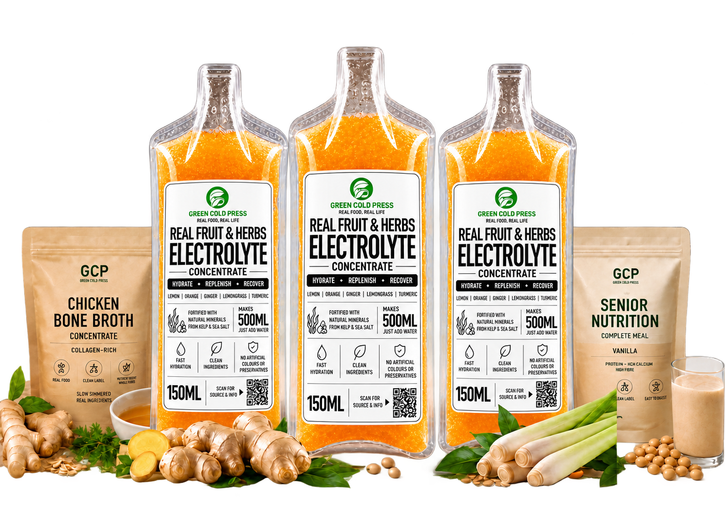 Green Cold Press real fruit and herbs electrolyte concentrate pouches alongside bone broth and senior nutrition packaging